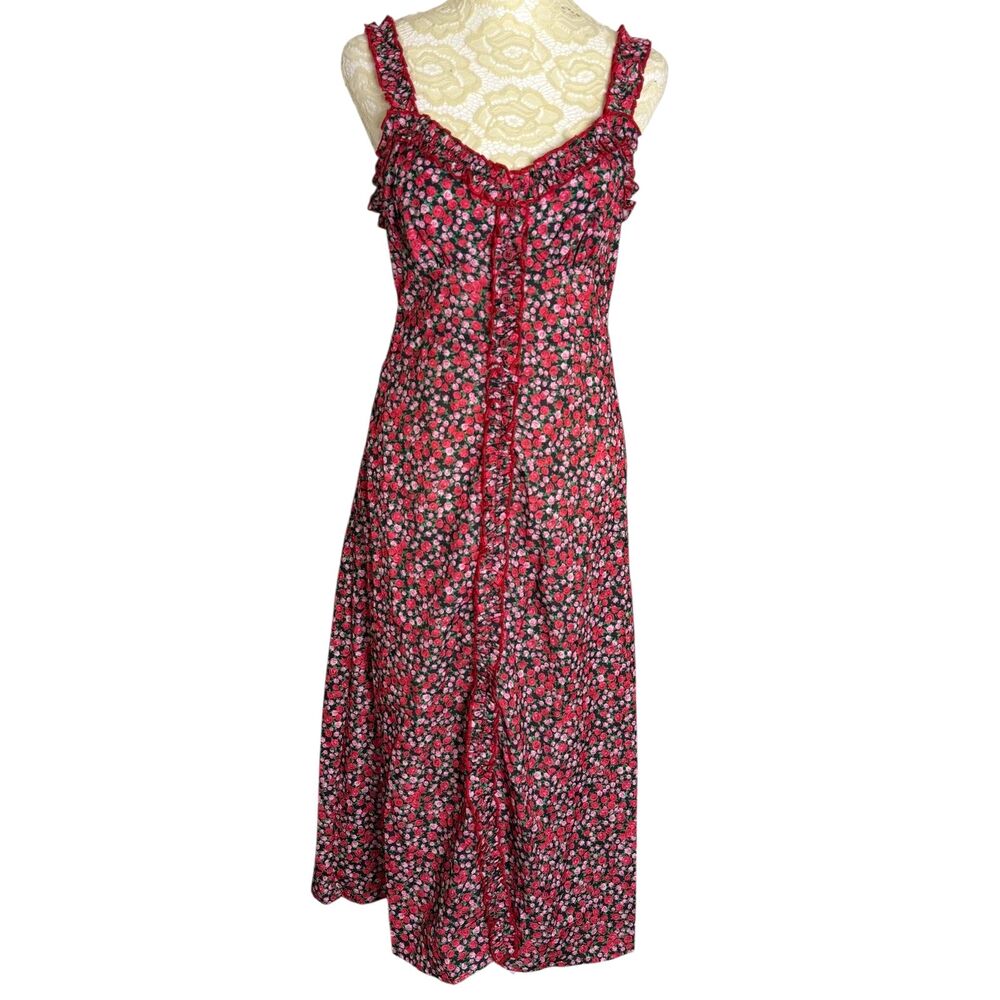 Cider Midi Dress Fit Flare Ruffle Floral Split Hem Rose Red Pink S